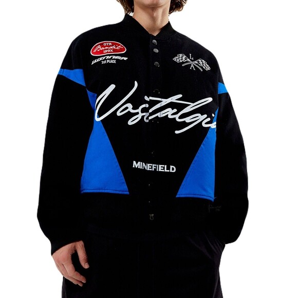 NEW PacSun Mens Nostalgia Racing Jacket Size Large Quilt Lined Black and Blue - Picture 1 of 7